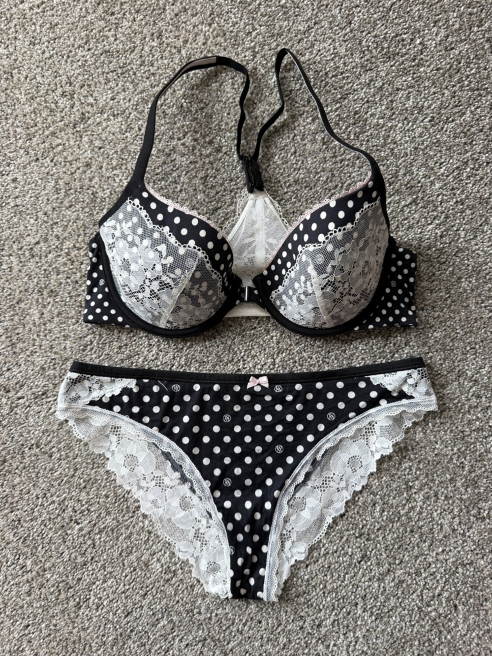 Victoria's Secret Black and White Polka Dot Lace Bra & Bikini Set